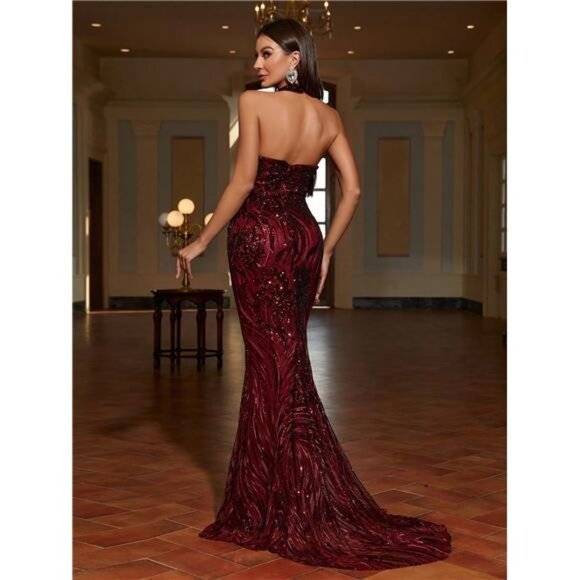 Backless Halter Neck Mermaid Hem Floral Sequin Prom Dress - Picture 2 of 6